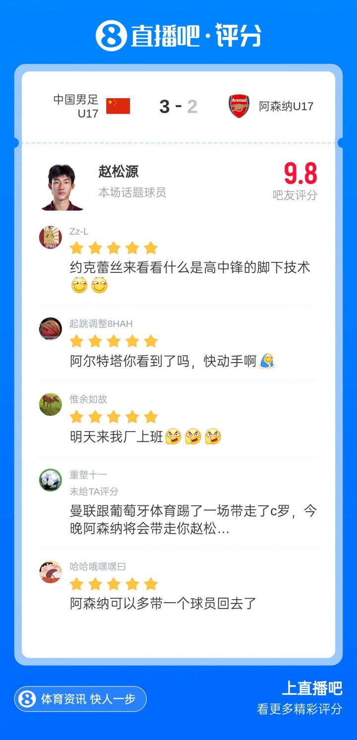 赵松源一条龙梅开二度 读秒绝杀阿森纳U17
