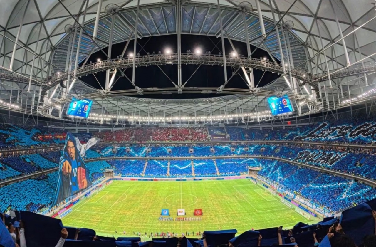 辽宁德比梭鱼湾TIFO：斯坦丘挥魔杖引蓝电贯穿看台