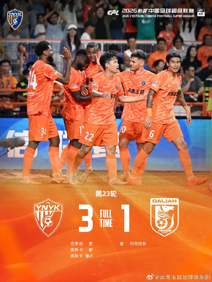 十人大连英博客场遭逆转 云南玉昆补时锁定3-1