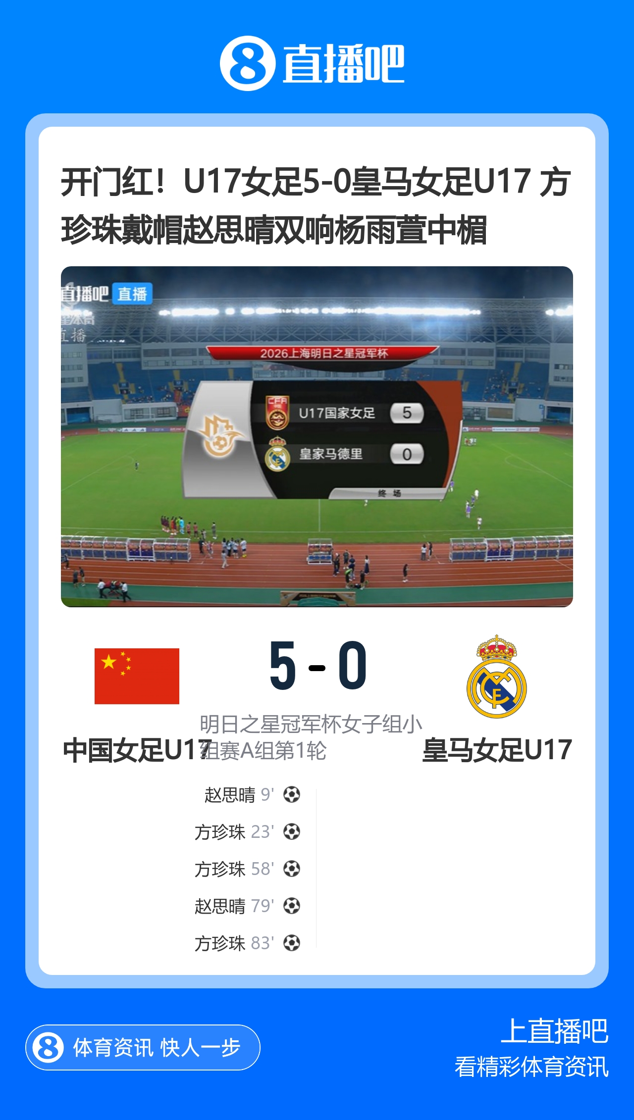 中国U17女足5-0皇马U17 方珍珠戴帽赵思晴双响