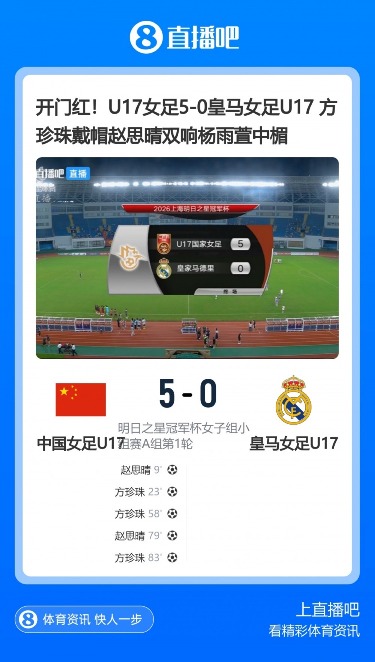 中国U17女足5比0横扫皇马U17 整体战术完胜