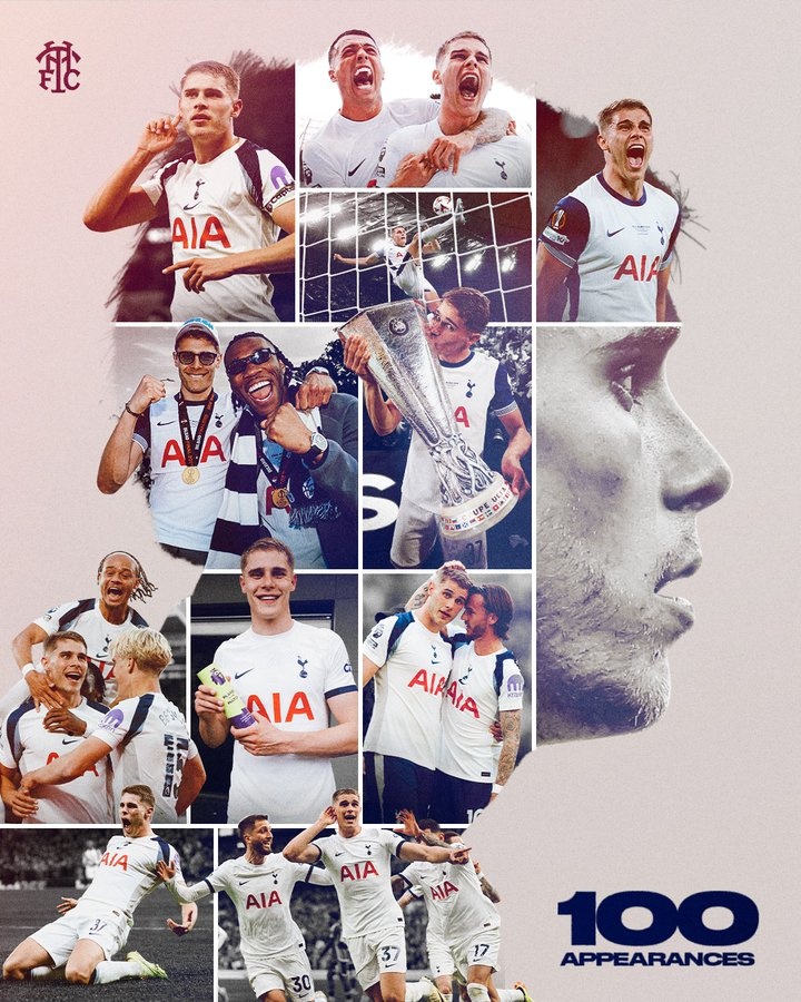 热刺官方晒海报祝贺范德芬达成球队百场里程碑，贡献10球3助攻