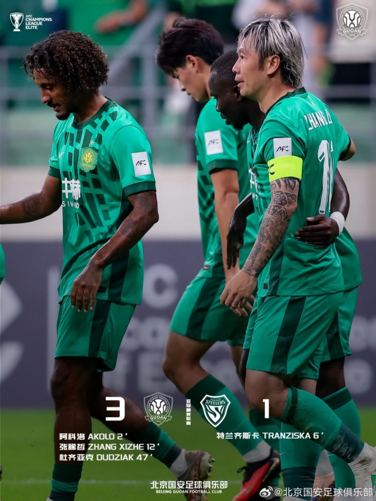 北京国安3-1战胜浦项铁人，取得亚冠开门红